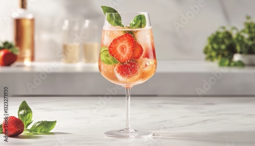 A vibrant strawberry and basil spritzer, served in a tall wine glass with muddled strawberries and basil leaves, presented against a refined, atmospheric bar setting.