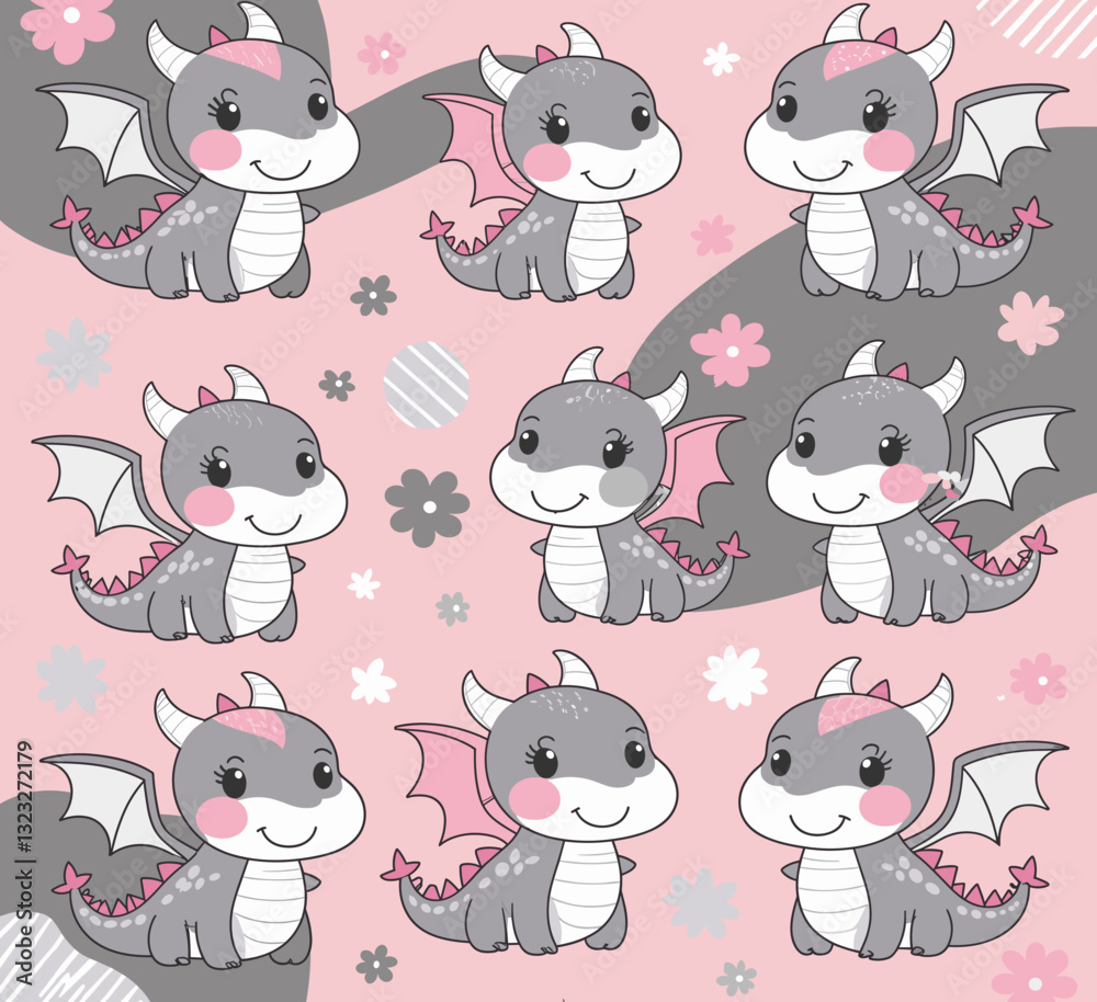 Obraz premium Cute vector illustration of adorable baby dragons in various poses for children's themes