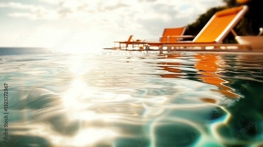 Obraz premium Tranquil poolside scene with orange chairs and sunlight
