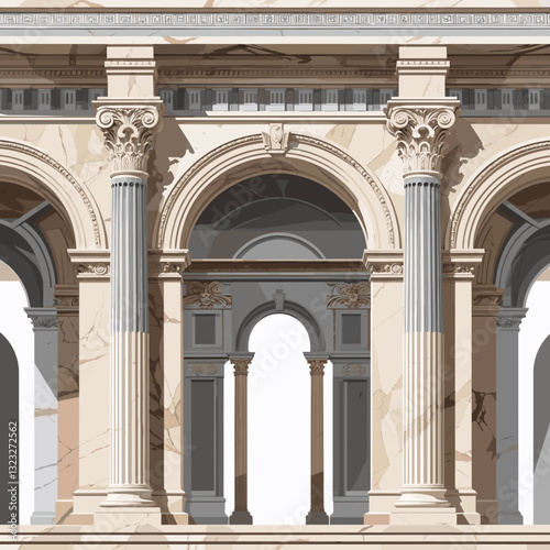 Classical Architecture with Marble Arches and Corinthian Columns, Elegant Historical Building Facade, Architectural styles for design, wallpaper decoration, travel history, Vector architecture image, 