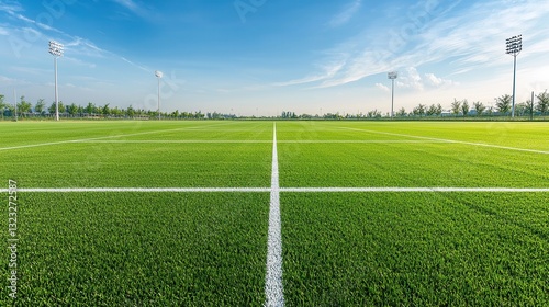 A detailed close up look at a well maintained and meticulously groomed outdoor sports field featuring lush green grass clearly visible white lines and a scenic blue sky in the background