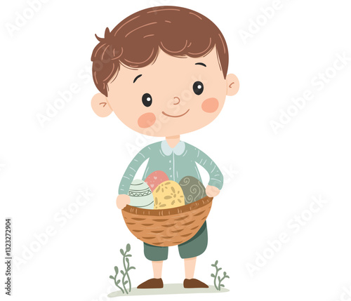 A cute little boy happily holding a basket filled with colorful Easter eggs.