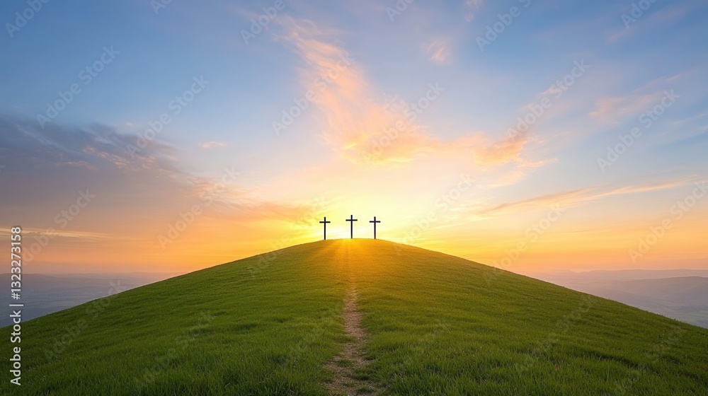 Obraz premium Three wooden crosses prominently displayed atop a grassy hill silhouetted against a vibrant colorful sunset sky filled with glowing light and atmospheric clouds