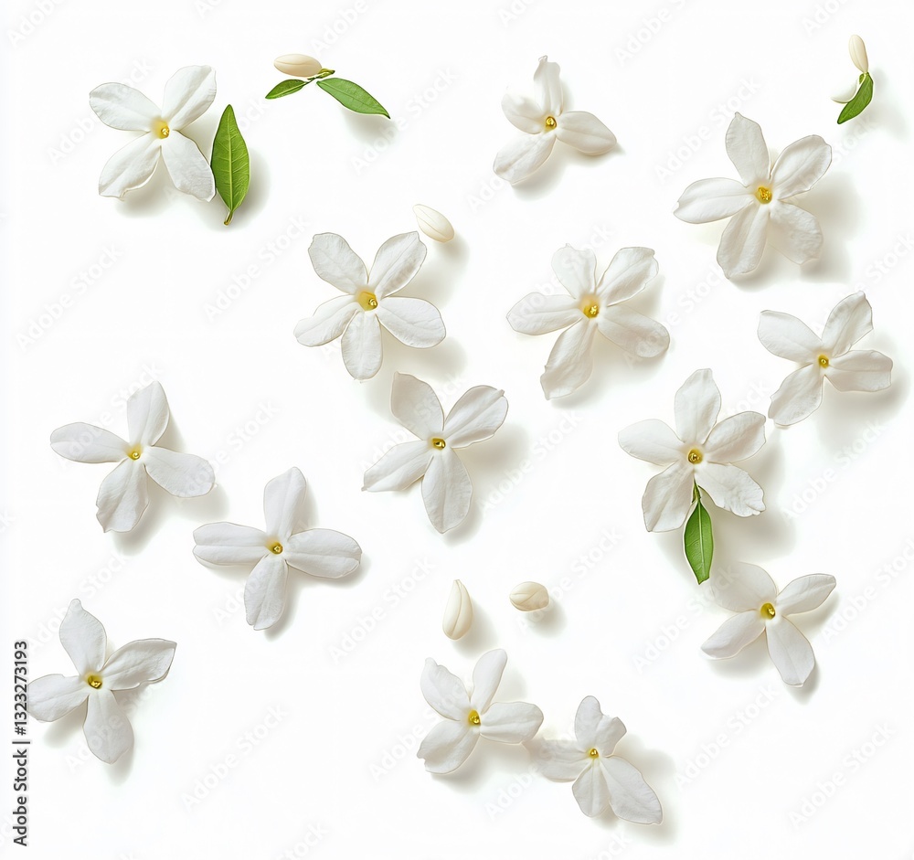 Fototapeta premium A serene composition of scattered white jasmine flowers against a bright white background, perfect for wedding invitations, botanical themes, or minimalist decor.