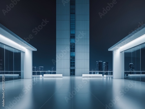 a night view of a modern office tower featuring an unoccupied floor.