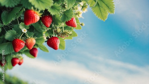 Plump strawberries hanging on lush green bushes under a clear blue sky