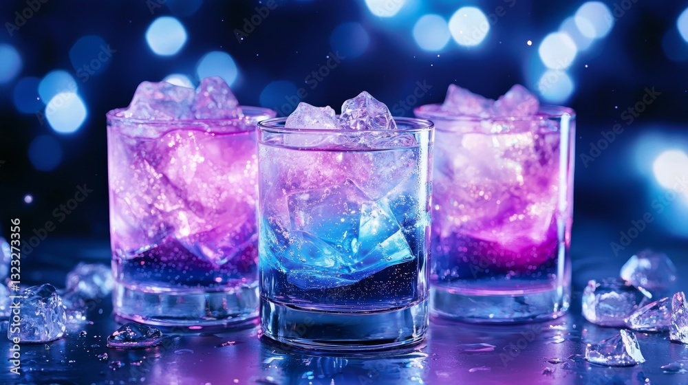 Ethereal violet and midnight blue galaxy shots, swirled with shimmering liqueurs, glowing under soft cosmic-inspired lighting. Ethereal violet and midnight blue galaxy shots, swirled with shimmering liqueurs, glowing under soft cosmic-inspired lighting.