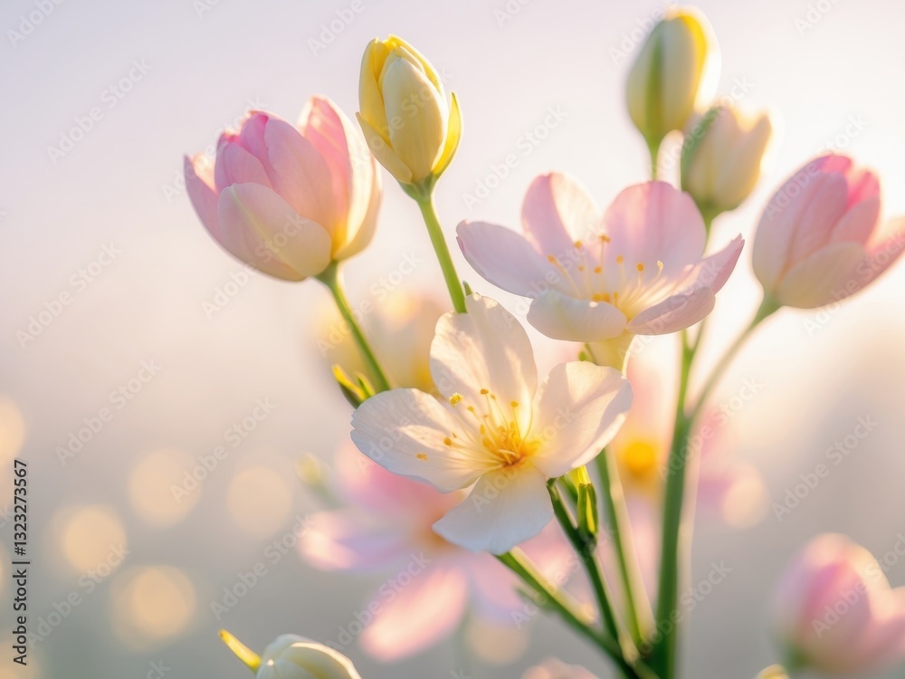 Obraz premium Spring blooms illuminated by golden morning light in a bright setting