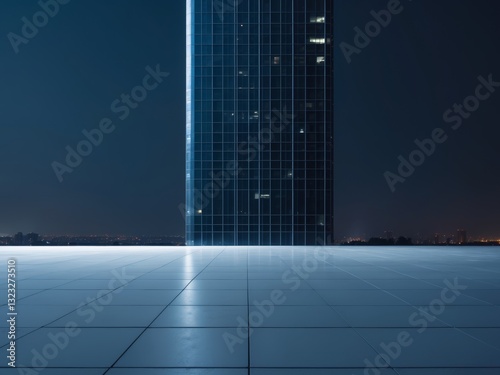 a night view of a modern office tower featuring an unoccupied floor