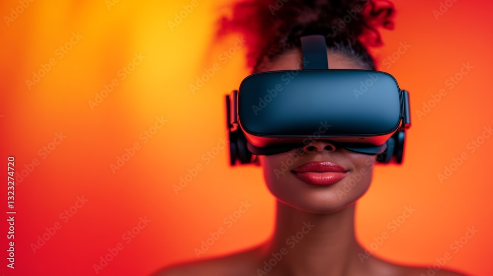 Woman wearing a virtual reality headset is smiling. The image has a warm, orange background. The woman's face is the main focus of the image, and she is enjoying the virtual reality experience Woman wearing a virtual reality headset is smiling. The image has a warm, orange background. The woman's face is the main focus of the image, and she is enjoying the virtual reality experience