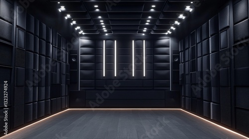 Modern sound studio interior with acoustic panels and ambient lighting