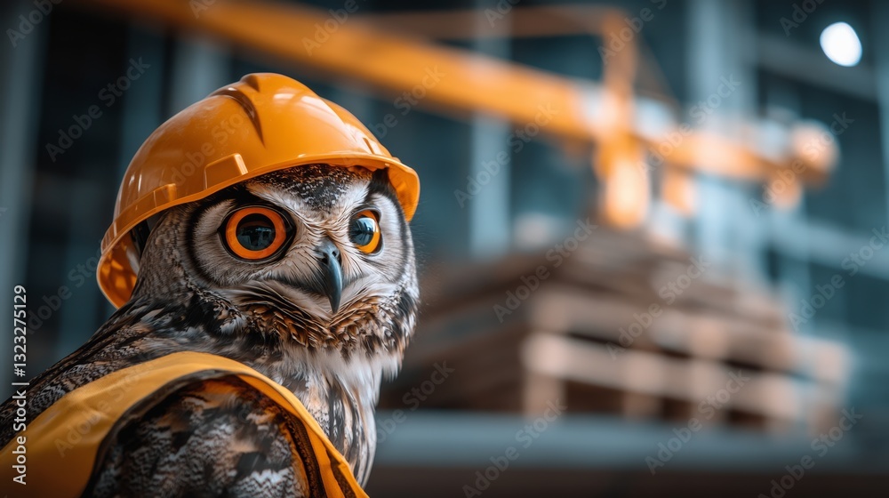 Fototapeta premium Small owl wearing a yellow hard hat and safety vest. The owl is looking directly at the camera