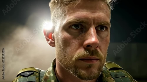 Intense soldier closeup: focused expression amidst dimly lit military environment