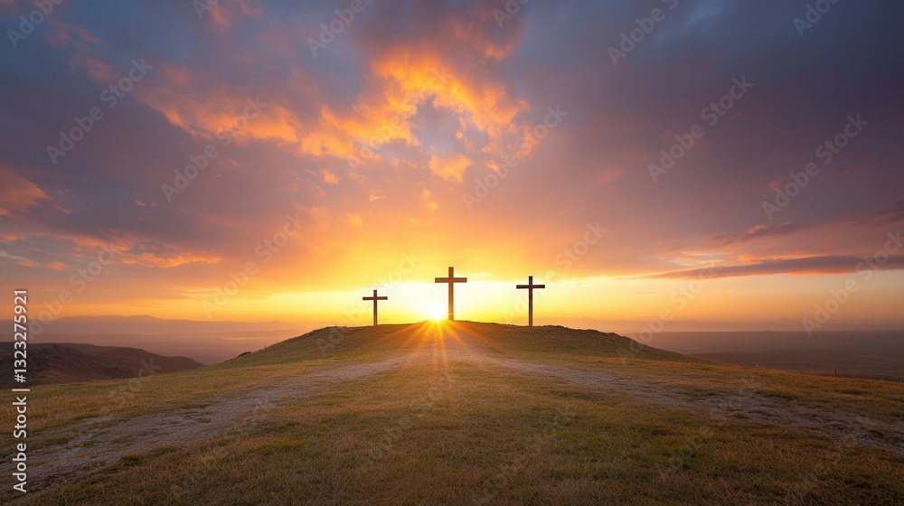 Obraz premium Three crosses silhouetted against a stunning colorful sunset sky with dramatic clouds and a peaceful serene landscape in the foreground