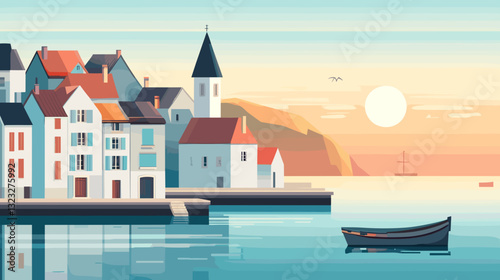 Scenic coastal town illustration with sea and sunset view