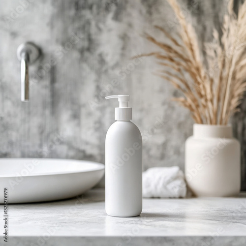 Wallpaper Mural Bottle of shampoo with mockup for your brand design on washbasin on bathroom counter, free space, selective focus. High quality photo Torontodigital.ca