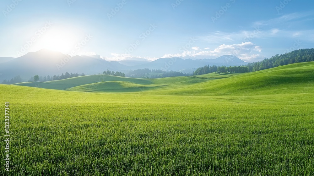 A peaceful lush green meadow with rolling hills and distant mountains in the background creating a serene and picturesque landscape under a bright blue sky with fluffy clouds