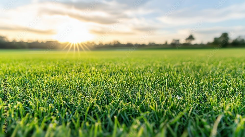 Fototapeta premium This serene image captures the lush vibrant texture of a verdant grass field bathed in the warm glow of the setting sun The scene exudes a sense of peace and tranquility