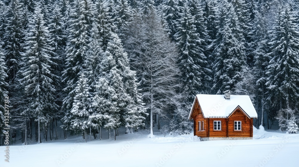 Cozy Wooden Cabin Surrounded by Snowy Evergreen Forest in Winter Wonderland Landscape Cozy Wooden Cabin Surrounded by Snowy Evergreen Forest in Winter Wonderland Landscape