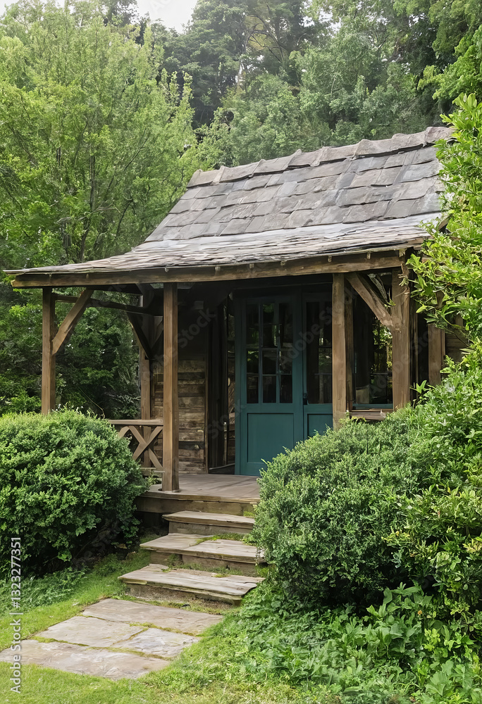 Quaint rustic cabin nestled among lush greenery in a peaceful forest setting, Generative AI Quaint rustic cabin nestled among lush greenery in a peaceful forest setting, Generative AI