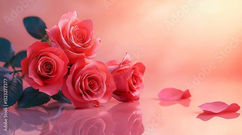 A stunning arrangement of photorealistic roses perfect for Valentine's Day, Mother's Day, or spring-themed designs. The soft lighting and reflective surface enhance romantic themes.