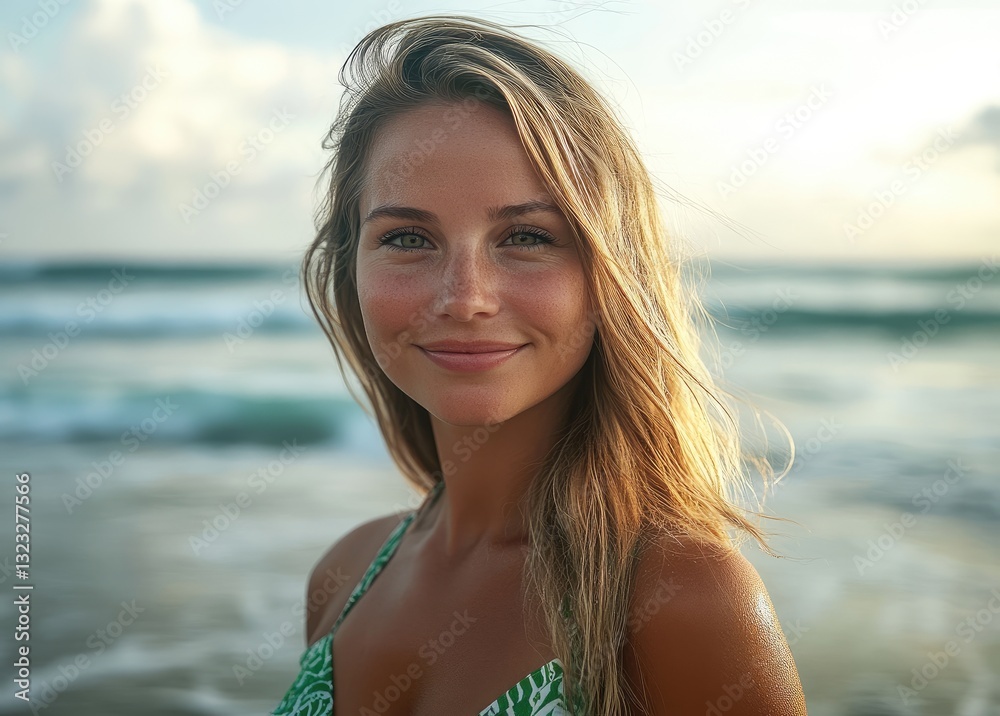 an attractive woman in her thirties with long blonde hair, wearing green and white patterned beachwear standing on the shore smiling at camera an attractive woman in her thirties with long blonde hair, wearing green and white patterned beachwear standing on the shore smiling at camera