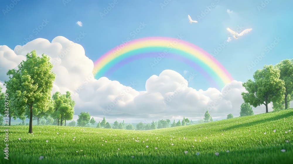 illustration of Summer fields landscape with a dawn,Rainbow, green grass hills, bright color blue sky, country background,banner resting vacation. illustration of Summer fields landscape with a dawn,Rainbow, green grass hills, bright color blue sky, country background,banner resting vacation.