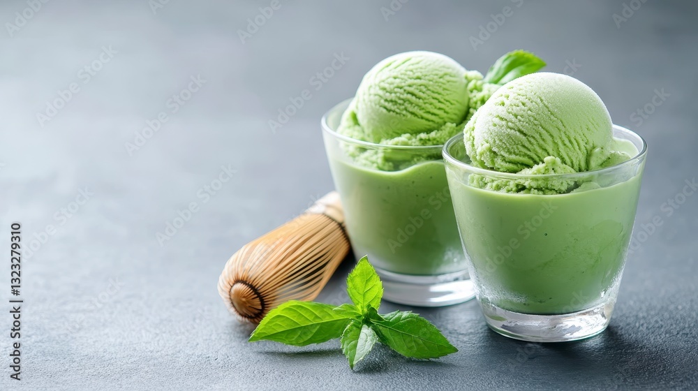 Two Scoops of Creamy Matcha Green Tea Ice Cream in Elegant Glass Two Scoops of Creamy Matcha Green Tea Ice Cream in Elegant Glass