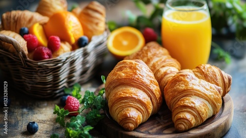 A delicious breakfast arrangement with pastries fruit and orange juice
