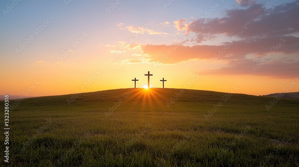Obraz premium Inspiring Christian Crosses Silhouetted Against Peaceful Sunset Landscape Serene Spiritual Scene with Glowing Sky and Rolling Hills