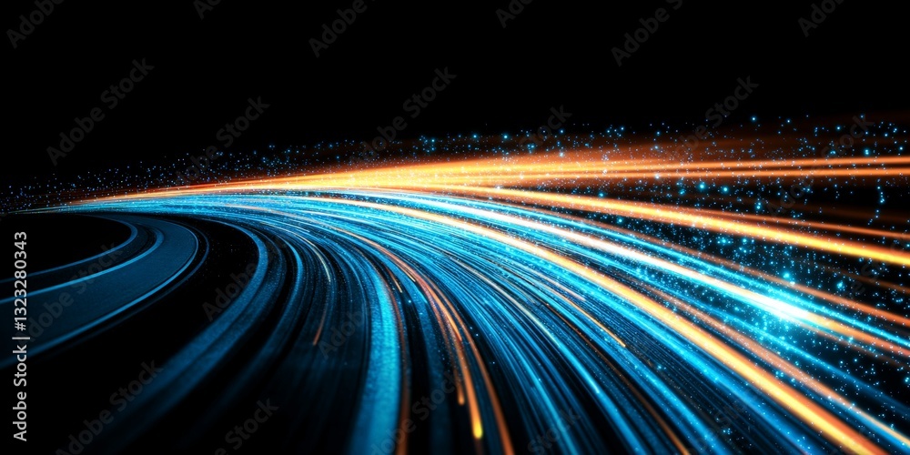 Neon lit high speed light trails on a dark futuristic road representing data highways artificial intelligence driven computing technology futuristic transportation and innovation in digital