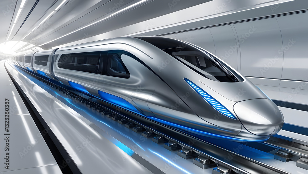 High-Speed Rail: A sleek, futuristic high-speed train glides effortlessly along a track inside a tunnel. High-Speed Rail: A sleek, futuristic high-speed train glides effortlessly along a track inside a tunnel.