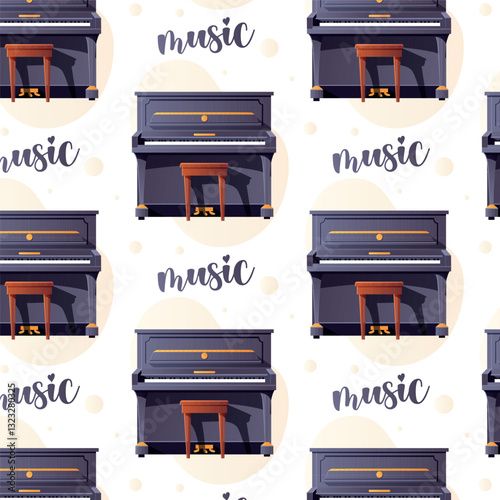 Musical seamless vector pattern with a classic piano, stool, and the word music. Perfect for wallpaper, packaging, and design  
