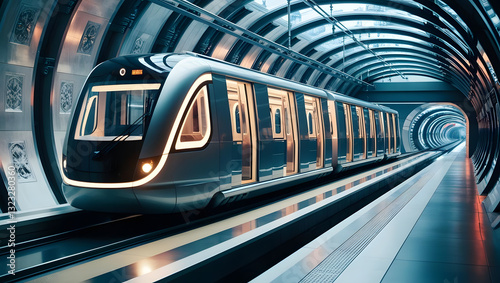 Subway Tunnel: A futuristic subway train speeds through a modern, well-lit tunnel, creating a sense of rapid transit and urban development.