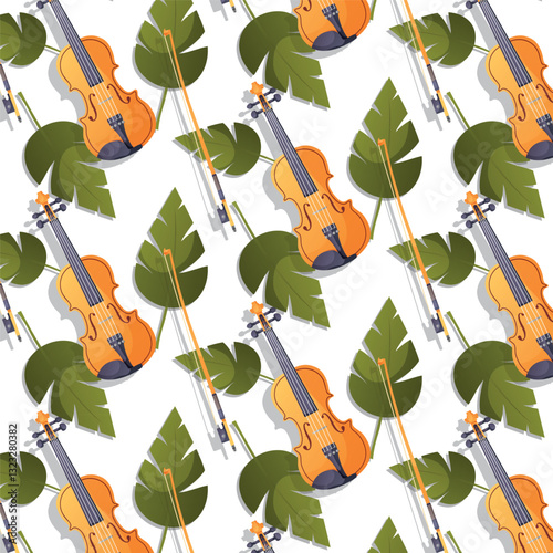 Musical seamless vector pattern with a wooden violin, bow, and green leaves. Ideal for textiles, wallpaper, and background  