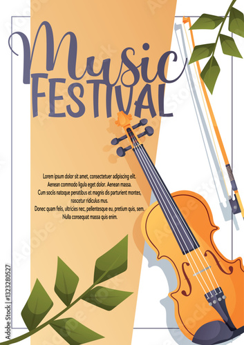 Elegant vector flyer featuring a violin, bow, green leaves, and the text Music Festival. Ideal for concert promotions, posters, and event advertisements  
