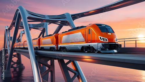 Modern Train on a Futuristic Bridge: A sleek, orange train speeds across a futuristic bridge with an awe-inspiring design. The sky is a beautiful blend of orange and blue.