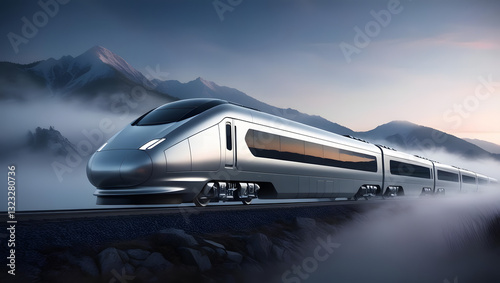 High-Speed Train Adventure: A sleek, modern high-speed train glides smoothly through a misty mountain landscape, symbolizing the future of transport. It evokes speed and progress.
