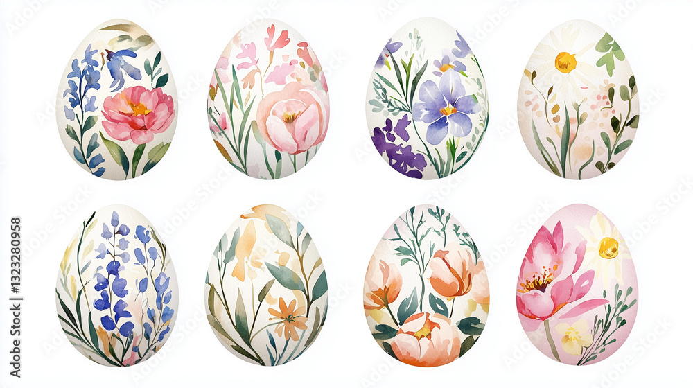 Hand-painted Easter eggs adorned with delicate floral watercolor elements, creating a vintage botanical feel, perfect for a springtime celebration.
Hand-painted Easter eggs adorned with delicate floral watercolor elements, creating a vintage botanical feel, perfect for a springtime celebration.