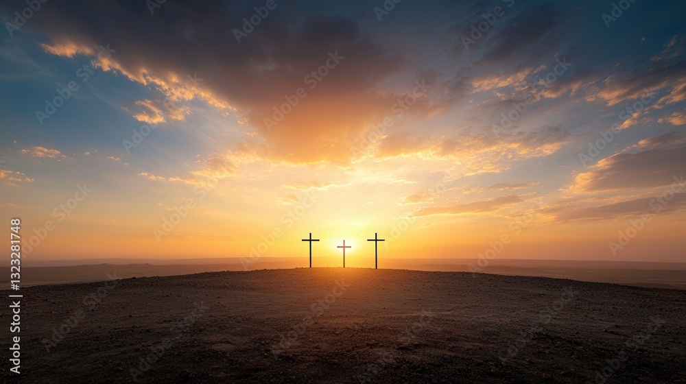 Three crosses stand silhouetted against a stunning colorful sunset evoking a sense of spirituality and contemplation Three crosses stand silhouetted against a stunning colorful sunset evoking a sense of spirituality and contemplation
