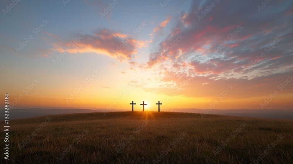 Three crosses stand solemnly in a peaceful field their silhouettes contrasted against the ethereal vibrant sky at sunset This serene spiritual landscape evokes a sense of faith contemplation Three crosses stand solemnly in a peaceful field their silhouettes contrasted against the ethereal vibrant sky at sunset This serene spiritual landscape evokes a sense of faith contemplation