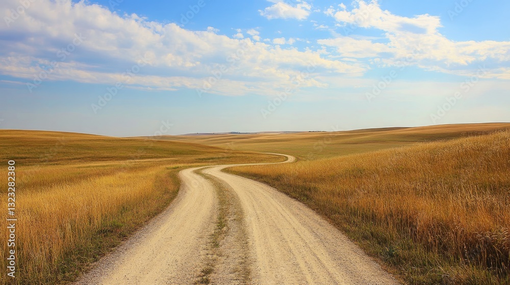 Serene Gravel Road Curving Through Golden Field Under Bright Blue Sky with Fluffy Clouds Serene Gravel Road Curving Through Golden Field Under Bright Blue Sky with Fluffy Clouds