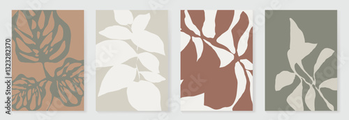 Set of abstract foliage poster vector. Leaves, flower, organic shapes, earth tone colors, leaf branch. Illustration design for Eco packaging, interior, cover, wall art, wallpaper.