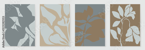 Set of abstract foliage poster vector. Leaves, flower, organic shapes, earth tone colors, leaf branch. Illustration design for Eco packaging, interior, cover, wall art, wallpaper.