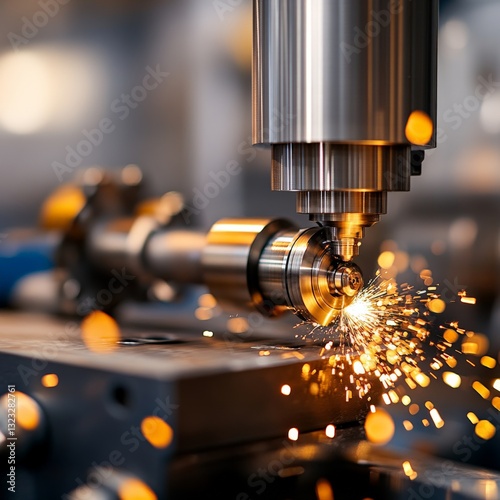 CNC machine with bright flying sparks in high tech manufacturing environment showcasing precision machining and metalworking craftsmanship photo