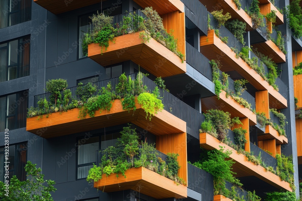 Fototapeta premium Modern apartment building with green balconies. Illustrates sustainable urban design & eco-friendly living.