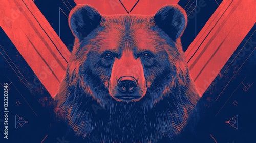 Digital art portrait of a grizzly bear head, featuring vibrant red and blue colors, abstract geometric patterns, and a bold design style..