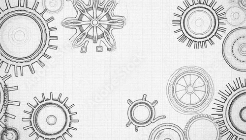 Scattered Industrial Gears in Technical Grayscale Illustration