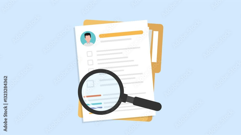 Resume document paper sheet animation vector with magnifying glass motion graphic video. Resume document paper sheet animation vector with magnifying glass motion graphic video.