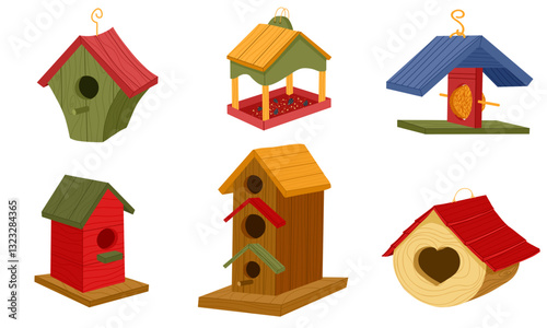Cartoon wooden bird houses isolated on white background vector set. Cute diffirent bird home hand drawn flat illustration. Colourful shelter for birds.